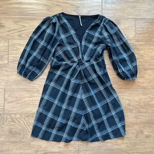 Free People Dress Size 6 Black/White Plaid Miss Molly Puff Sleeve Mini